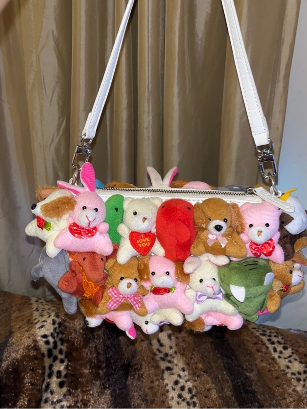Plush Shoulder Bag with Colorful Tiny Stuffed Animals